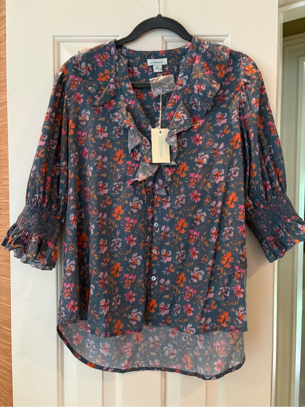 Floral Ruffle Button-Front Blouse - Blue with Pink & Orange Floral